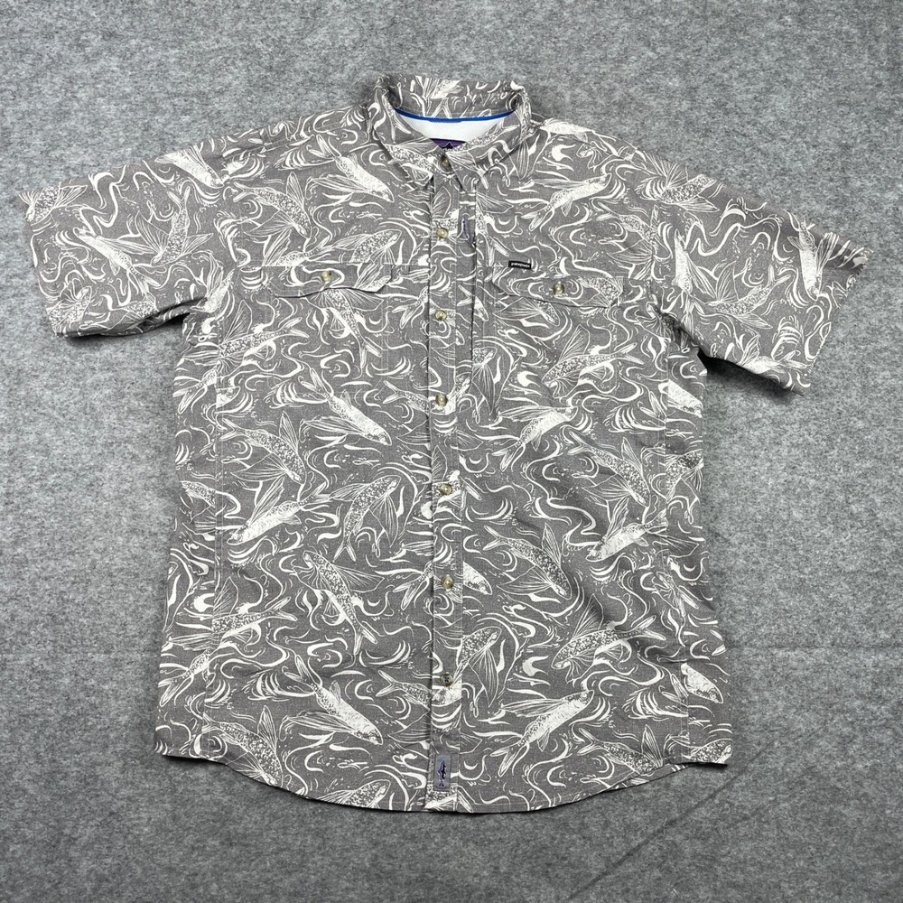 Patagonia Sol Patrol II Fishing Shirt Mens L Grey Flying Fish Print Short Sleeve